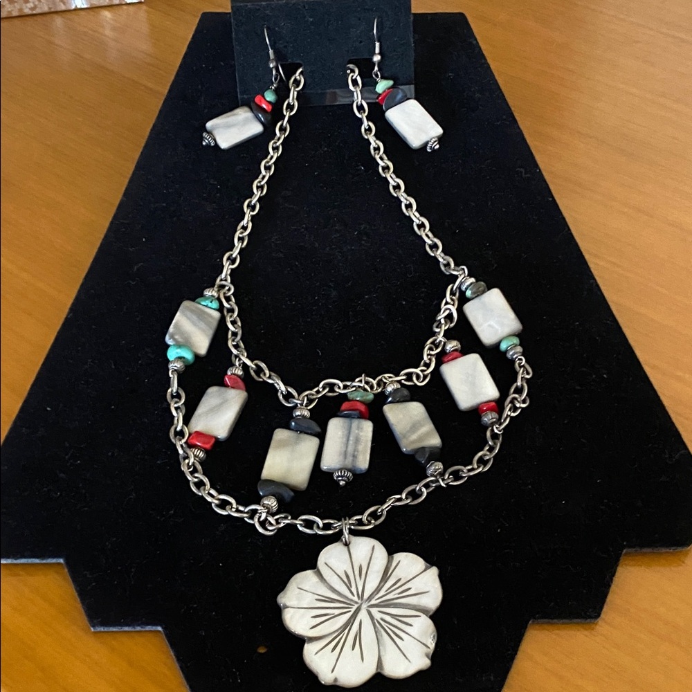 SET: Southwestern Boho Layered Chain Necklace + Earrings Set | Mother of Pearl